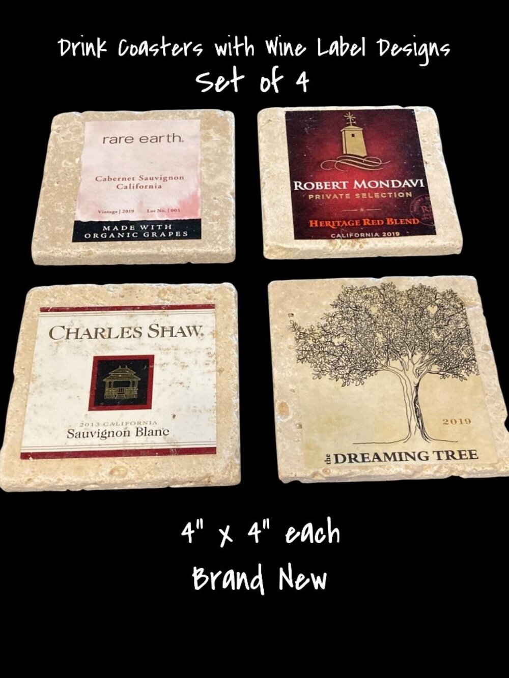 Handmade Natural Stone Marble Drink Coasters - French Wine Theme Set of 4 New